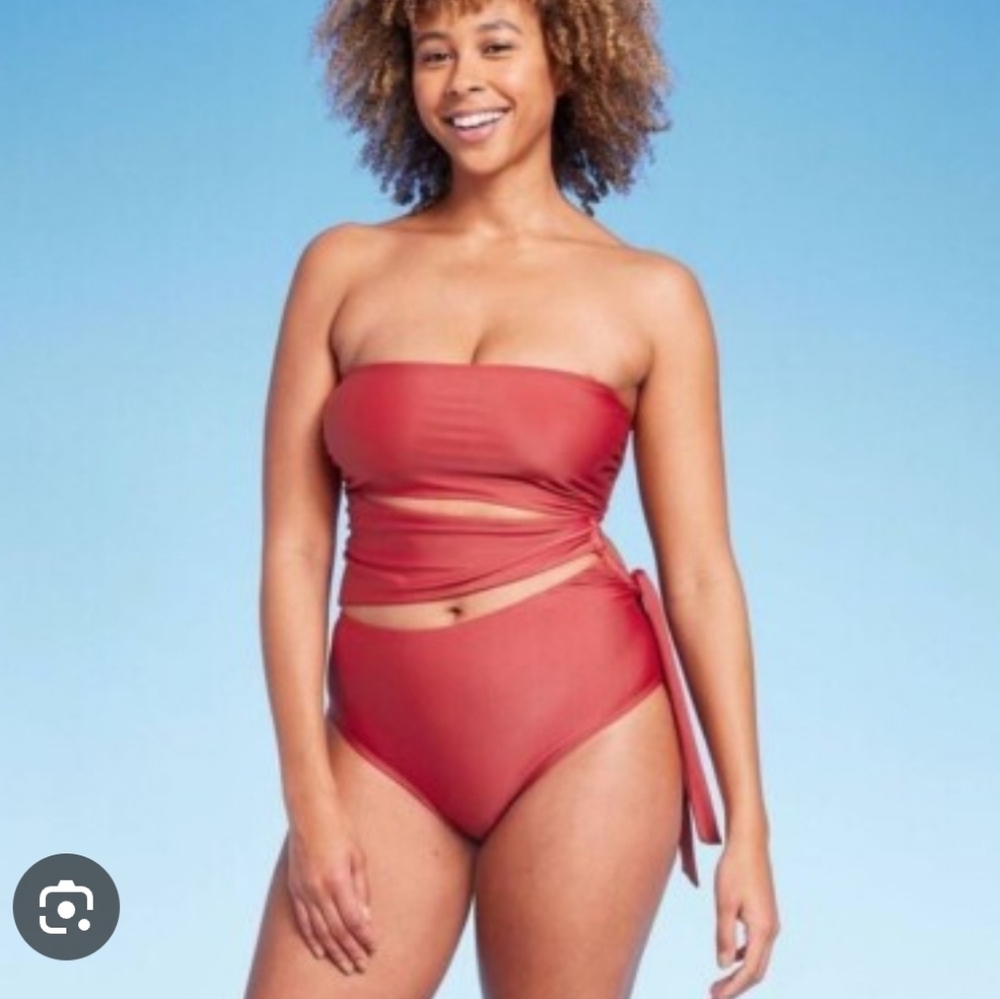 Shade & Shore Red Bikini with Asymmetrical Cutout Beach Pool Party Vacation XL